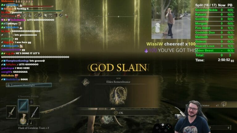 Tela mostra o streamer Seki com overlay mostrando partes do jogo Elden Ring e escrito na tela "God Slain"